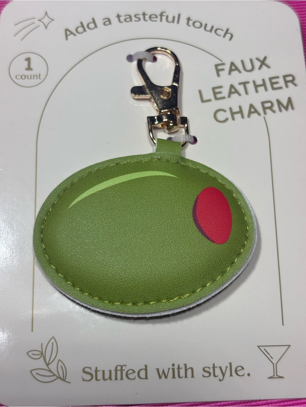 New Bag Charm Olive Faux Leather Charm Keychain - Green with Red Accent - Picture 2 of 4